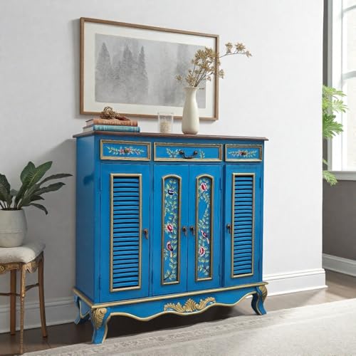 Image of Femia Wooden Shoe Rack Cabinet with 2 Doors & Drawer | Handpainted Solid Wood Shoe Storage Organizer with Shelves | Decorative Entryway Shoe Cabinet for Living Room & Home | Blue Finish