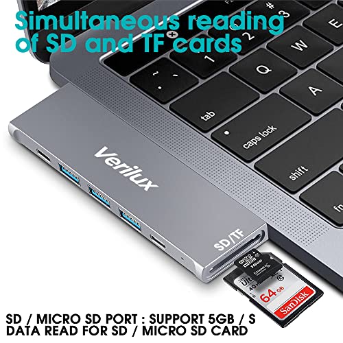 Image of Verilux USB C Hub Adapter,8 in 2 Multiport MacBook Pro USB-C Accessories with 3 USB 3.0 Ports,4K HDMI,TF /SD Card Reader,Thunderbolt 3 Port,USB-C Port,100W PD Port for 13 15 16 inch MacBook
