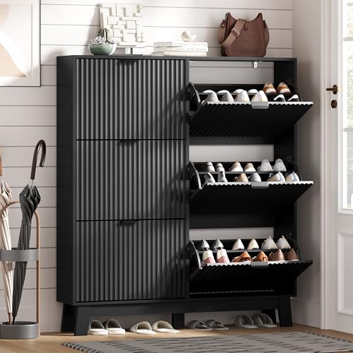 Image of HUANLEGO Shoe Cabinet Storage for Entryway with 6 Flip Drawers, Fluted Narrow Shoe Organizer with Wooden Legs, Freestanding Slim Shoe Storage Hidden Shoe Rack Organizer for Front Door Entrance, Black