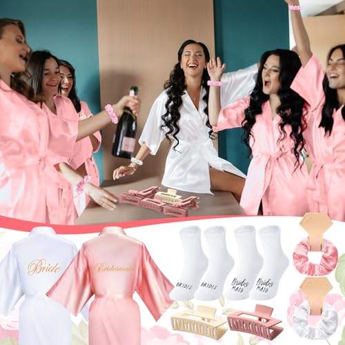 Image of Bonuci 24 Pcs Bride Bridesmaid Robes Set of 6 Bridal Silk Satin Robes for Wedding Bachelorette Party Bridal Shower Gifts