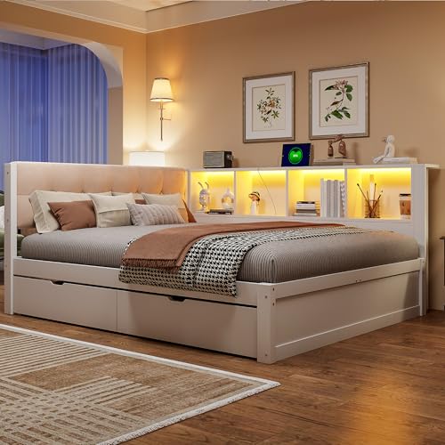 MSMOK Cama de día, sofá cama, 140 x 200 cm, cama individual, sin colchón, con cajones, con práctico estante, madera de pino, color blanco