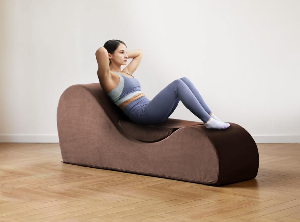 Container Furniture Direct Solace Yoga Chaise Lounge Chair for Stretching, Relaxation & Exercise, Ergonomic Design with Soft Yet Firm High-Density Foam Core, Removable Machine-Washable Cover, Brown