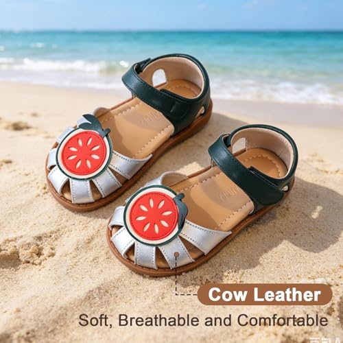 Image of Toddler Girl Sandals with Flower, Breathable Leather kids Closed Toe Sandals, Soft Rubber Non-Slip Summer Shoes for Little Girls 2-7 Years