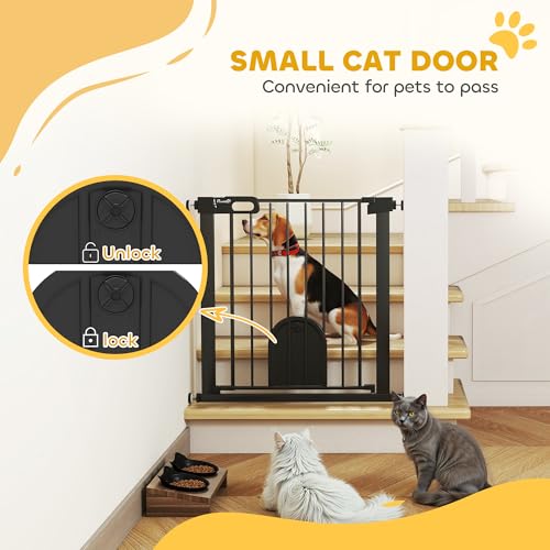 PawHut Dog Gate with Cat Flap Pet Safety Gate Barrier, Stair Pressure Fit, Auto Close, Double Locking, for Doorways, Hallways, 75-82 cm Black - Image 5