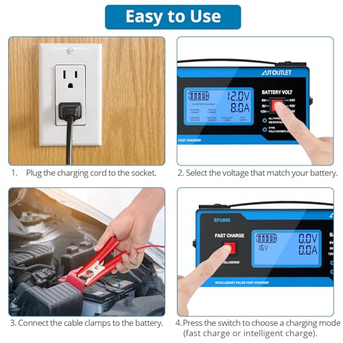 Image of AUTOUTLET Upgraded 8 Volt Battery Charger for Golf Cart Automotive Battery Charger and Maintainer 0-14A with Cable Clamps for 6 /8 /12 /14 /16 /24V Lead-Acid Batteries