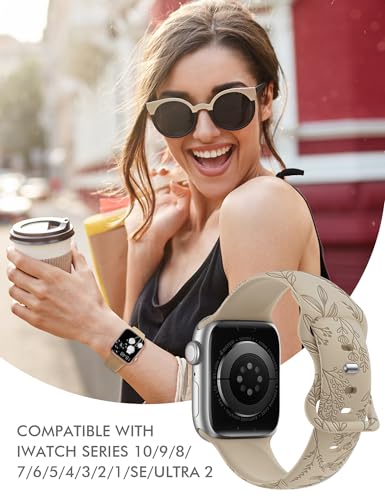 Image of Minyee Floral Engraved Band Compatible with Apple Watch 41mm 40mm 38mm 42mm 44mm 45mm 46mm 49mm Women, Cute Soft Silicone Flower Sport Fancy Strap for iWatch Series 11 10 9 8 7 6 5 4 SE /Ultra 3 2 1