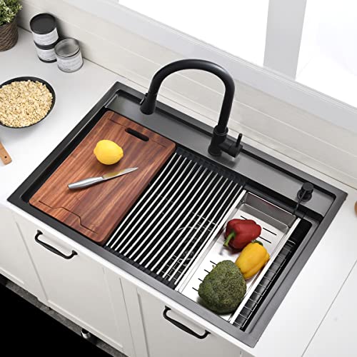 33X22-Inch Black Drop In Splash Guard Kitchen Sink Workstation - Vokim 33 Inch Single Bowl Kitchen Topmount Sink 16 Gauge Stainless Steel 10'' Deep Handmade Kitchen Sink With Cutting Board& Strainer #TOP1