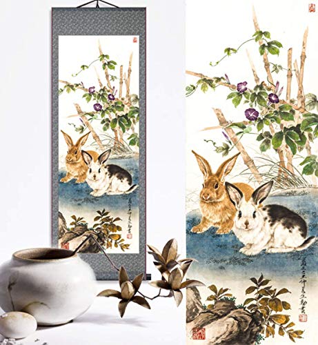 Zzooi Chinese Zodiac Animal Drawing Rabbits Wall Art Hanging Silk Painting Scroll,Drawing Rabbit #TOP4