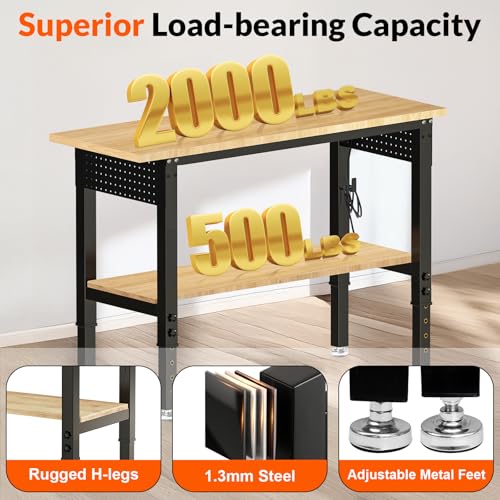 Image of 48x24 Adjustable Height Work Bench Heavy Duty Workbench for Garage with Under Table Shelf Rubber Wood Work Table with Pegboard for Shop Woodworking, Office, Home, Commercial