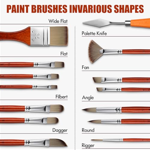 Image of 14pcs Acrylic Paint Brushes, Professional Synthetic Bristles Paint Brush Set with Extra Palette Knife - Flat, Filbert, Fan, Dagger, Round, Angle, Rigger Paint Brushes for Oil, Acrylic Canvas Paintings