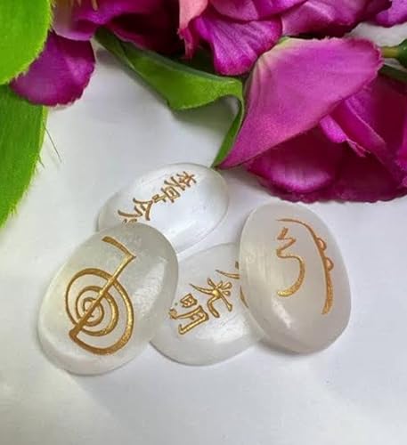 crystalmiracle Selenite Usui Reiki Symbol Carved Four Stones Set Wellness