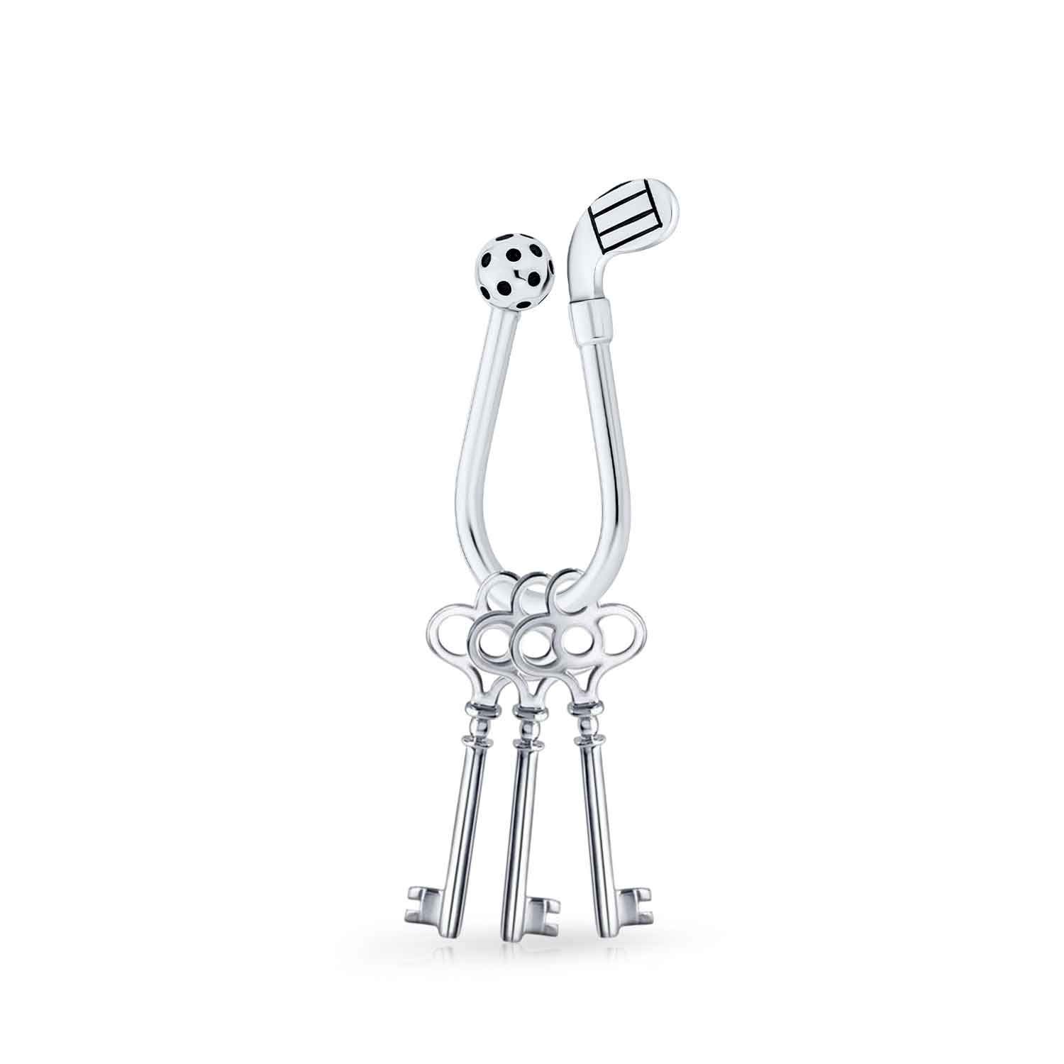 Bling Jewelry Llavero de golf para hombres y mujeres con pelota de golf, palo en forma de U, punta de tornillo de bola, plata de ley oxidada.