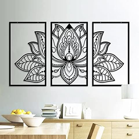 Resama Large Lotus Flower Metal Wall Art 3-piece Set, Religion Faith Mandala Home Wall Decoration for Living Room, Bedroom, Office and Yoga Room (Black) Cover