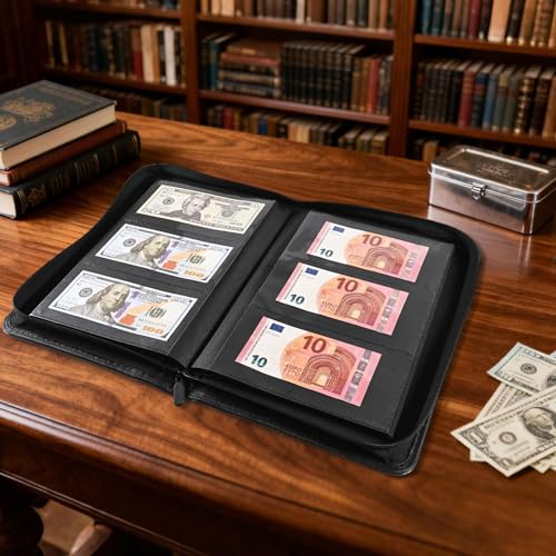 Banknote Collection Album with 180 Pockets – WITHYU Ringless Currency Organizer with Clear Non-PVC Sleeves for Banknotes, Bills, Tickets, and Collectibles (Black)