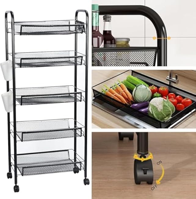 Fruit Basket for Kitchen,5 Tier Fruit and Vegetable Storage Basket Cart,Stackable Metal Mesh Rolling Storage Trolley Cart,Slim Storage Organizer Stand on Wheel for Kitchen (Black)-RI0EJDKV