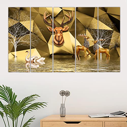 Image of Maxstone Beautiful Goldan Deer Nature Wall Painting Animals Painting Bards, Multiple Panlas Living Room,Bedroom,Office Big Size Wall Painting Set Of-5 (30x60 inch) M1256