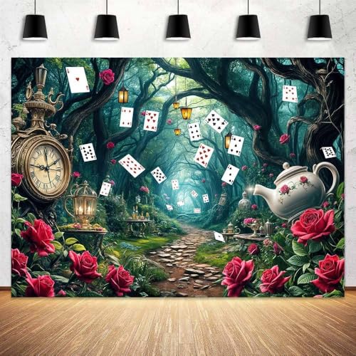7 x 5 ft Wonderland Tea Party Backdrop Whimsical Wonderland Pathway Enchanted Garden Green Leaves Rose Background Girls Kids Birthday Party Party Decoration Supplies Banner