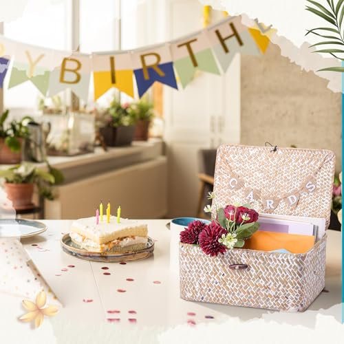 Image of Geelin Sea Grass Wedding Card Basket With Letter Flag Decorative Wedding Card Woven Post Box Suitable For Baby Showers Birthdays Graduation Ceremonies Bridal Showers(11 Inch,White)