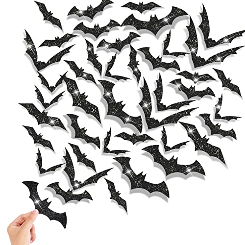 FOIMAS 144pcs Halloween Bat Wall Decor,3D Black Glitter Bats Wall