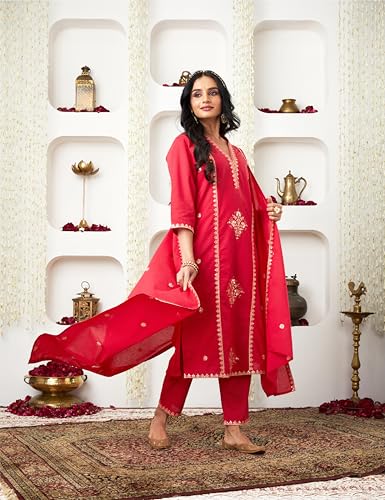 Image of Amazon Brand - Myx Women's Embroidered Cotton Kurta Pant Set with Dupatta (Available in Plus Sizes)