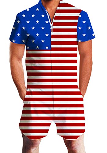 uideazone Mens Rompers Short Sleeve Star Stripe Overalls Patriotic Jumpsuits Outfit Vacation Clothes
