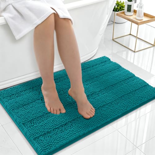 Image of Smiry Thick Chenille Bathroom Rugs 36x24, Extra Soft Absorbent Striped Bath Mat, Machine Washable, Rubber Backing, Bath Rugs for Bathroom, Tub & Shower, Home Decor Accessories, Deep Lake