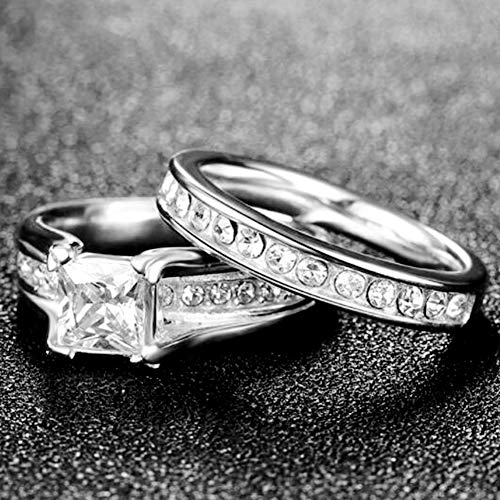 Stainless Steel Princess Cut Wedding Engagement Anniversary Statement Bridal Halo Ring Set4