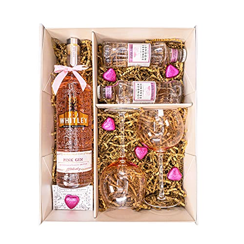 JJ Whitley 70cl Pink Gin Gift Set Hamper with 2 Pink Gin Balloon Glasses, London Essence Tonic, Belgian Heart Chocolates And Gift Box - Birthday Gin Gifts for Her (Pink Gin)
