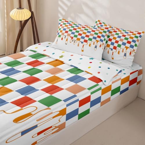 Image of Multi Checkered Complete Zip Up Bedding Set Full,4 Piece Checkerboard Drip Comforter Kit with Fitted Sheet & Pillowcases,Y2K Aesthetic Geometric All Season Bed in a Bag for Boys Girls Bedroom