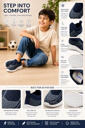 Image of Kids Navy Blue Knit Slip-On Sneakers for Boys | Lightweight Breathable Casual Walking Shoes with Geometric Pattern & Cushioned Sole