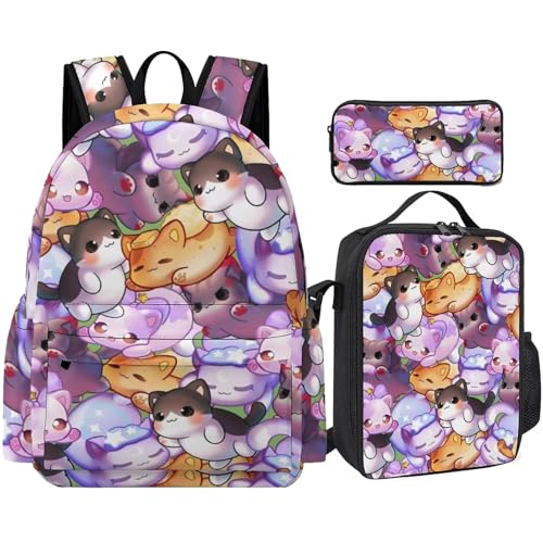Generic Purple Cat Backpack With Lunch Box Pencil Bag 3Set for Men Women-B