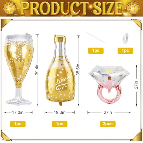 Image of Rose Gold Glitter Ring Bachelorette Party Balloons, Gold Champagne Bottle Balloons Diamond Ring Foil Balloon for Bachelorette Engagement Wedding Bridal Shower Celebration Anniversary Party Supplies