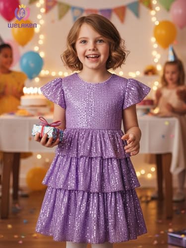 WELAKEN Girls Sequin Dress with Glittering Flutter Sleeves and Tiered Layers2