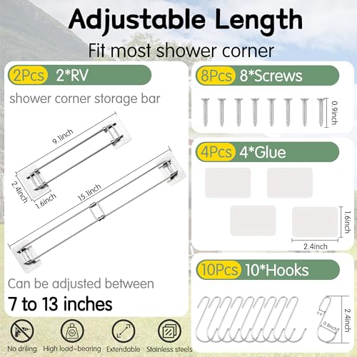 Image of RV Shower Corner Storage Bar - 2 Pack Adjustable Stainless Steel RV Bathroom Shelves Organization with S-Hooks, Flexible & Easy to Install Storage Rod for RV Camper Travel Trailer Inside Bath(7-13 in)
