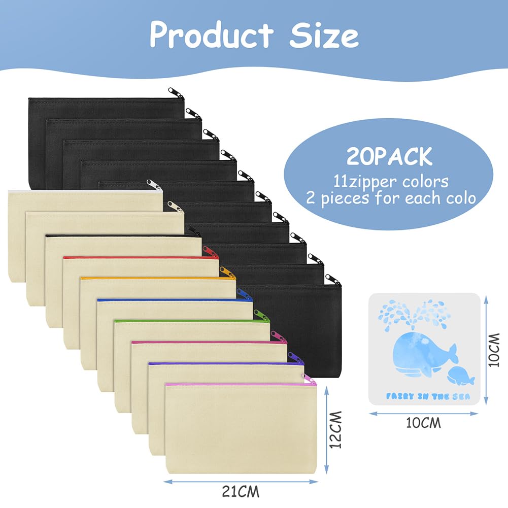 Vicloon Astuccio in Tela, 20Pcs DIY Astuccio in Cotone con Cerniera, Astuccio per Matite Vuoto con 3Pcs Modelli, Sacchetti con Cerniera, DIY Sacchetto per Feste per Feste, Attività in Classe