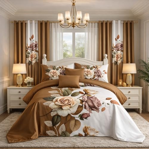 KETINISI 9 Piece Floral Bedspread Set with Curtains, Quilt Bed Cover with 6 Curtains and 2 Pillowcases, Soft Cozy All Season .Complete Bedroom Set Queen/King/Calking Size (Kings (91 * 100"))