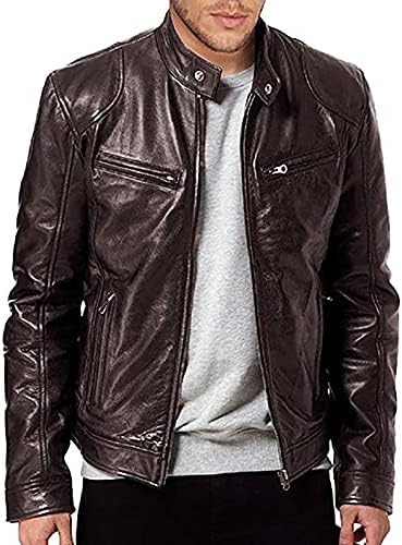 WENKOMG1 Men Faux Leather Jacket, Fall/Winter Thickening Coat Long Sleeve Zip Up Outwear Sports Basic Parka with Pocket Solid Color Turtleneck Anoraks Loose Motorcycle Jacket(A-Brown,X-Large)