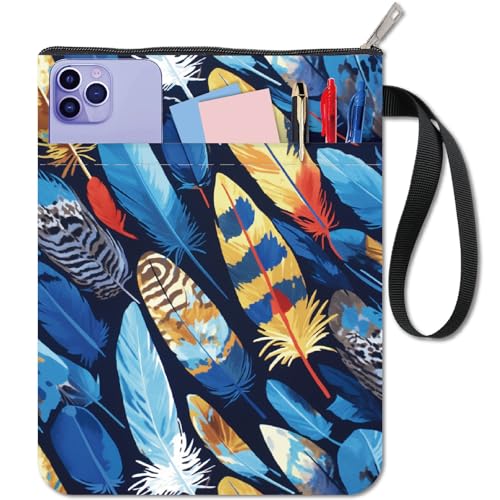 CRASPIRE Feather Book Sleeve Colorful Book Covers Blue Book Protector for Paperbacks Washable Fabric Cloth Book Cover with Zipper and Extra Sleeve Pocket for Book Lovers Classmate Xmas Gifts