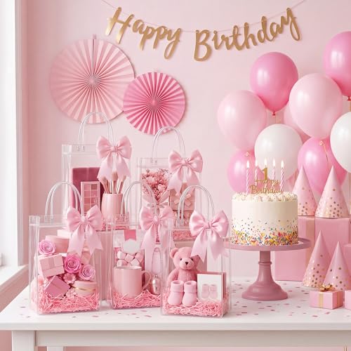 Sac cadeau PVC transparent avec poignées et ruban rose (Lot de 12)
