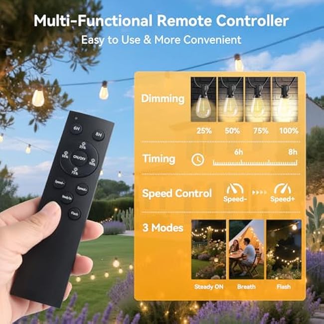 HJQ 60FT Solar String Lights Outdoor, Waterproof Patio Lights Solar-Powered with Remote & USB Charging, 20+1 LED Shatterproof Bulbs, 3 Modes, Dimmable Solar Hanging Lighting for Garden Backyard Decor