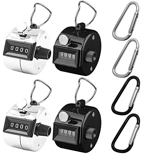 AFUNTA 4 Unidades de 4 dígitos contadores de Balonmano y 4 mosquetones, mecánico Manual clicker número de rastreador con Anillo de Metal aro, Soporte para Entrenamiento de Estadio, Plata y Negro
