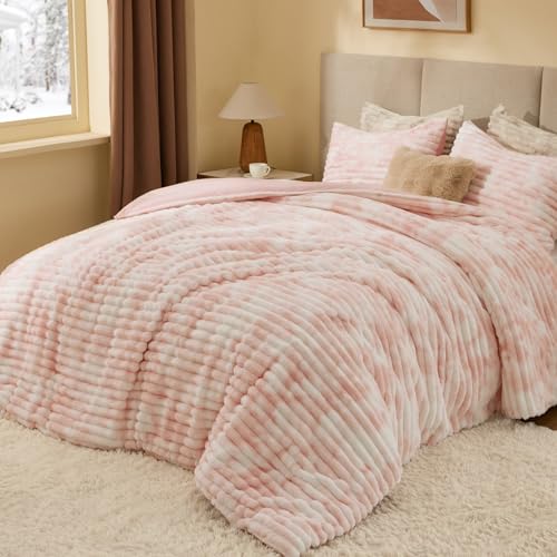 Image of BEDELITE Fleece King Comforter Set -Super Soft & Warm Fluffy Pink&White Bedding, Luxury Fuzzy Heavy Bed Set for All Season with 2 Pillow Cases