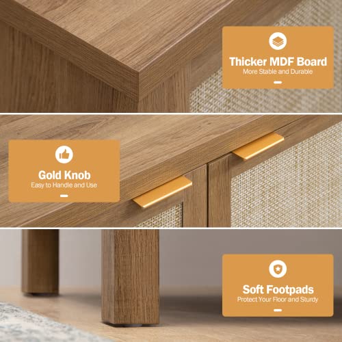 Sicotas Sideboard Buffets Storage Rattan Cabinet - Boho Kitchen Coffee Bar Cabinet With Rattan Decorated Door - Farmhouse Accent Credenza Cabinet - Cupboard Console Table For Dining Room Bar - Natural #TOP2