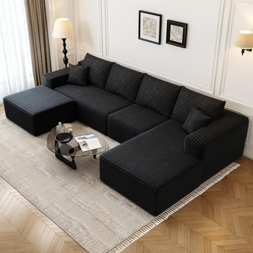 Image of 135.4 inchCloud Modular Sectional Couch with 1 Ottoman,Modern Minimalist Upholstered Couches, Comfort U Shaped Sofa for Living Room,Deep Seat Corner Couch,No Assembly Required (Black,Right Facing Chaise)