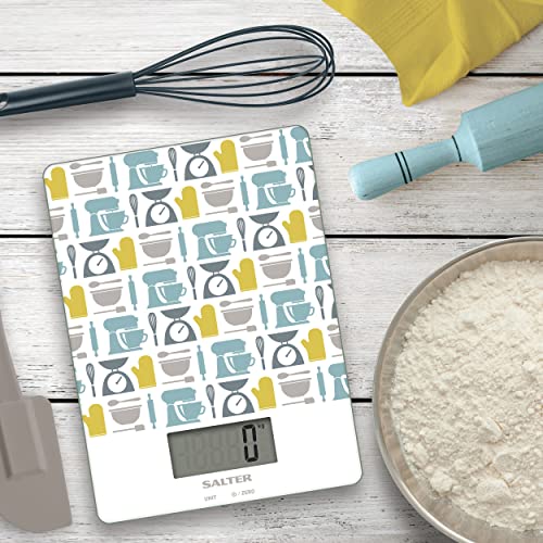 Salter 1102 GNBLDR Electronic Kitchen Scale, Digital Weighing Scales, Multifunctional For Liquids/Fluids, Baking Gadget Print, 5kg Capacity, 15 Year Guarantee, Battery Included, Green, 23x17x1.5cm - Image 3