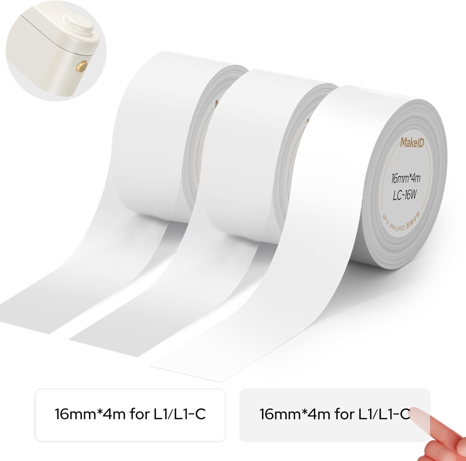 MakeID L1-C Label Maker Tape Refills, 3 Rolls 16mm x 4m (0.63" x 13'), Continuous Thermal Laminated Label Tape Replacement, Waterproof, Self-Adhesive