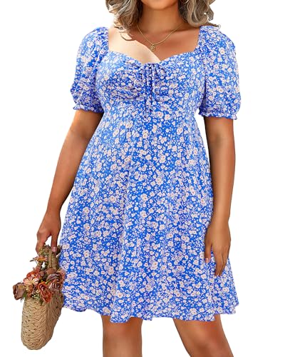 Image of Pinup Fashion Women Plus Size Casual Puff Sleeve Summer Sundress Smocked Short A Line Babydoll Cute Mini Dresses