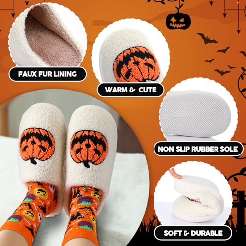 Geyoga Halloween Slippers and Socks for Womens Mens Plush Warm Non-slip Slippers Pumpkin Skeleton Ghost Socks(7-8,Pumpkin)3