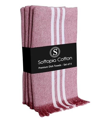 Image of Prewashed Stripe Dish Towels 4 Pack, 16x26 Inches, Absorbent Hand Towels for Kitchen Use, Quick Dry Cloths for Cleaning, Durable Washable Rags, Reusable Dishcloth Set - Burgundy Wine
