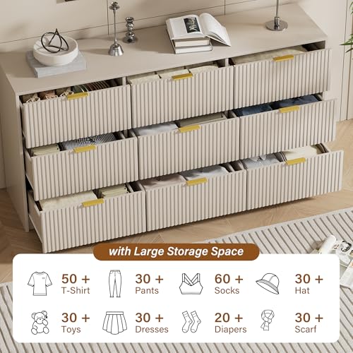 Image of Furniway 3 Piece Bedroom Set, 9 Drawer Dresser and Nightstand Set of 2 with Gold Handles, Modern Wood Chest of Drawers Storage Cabinet for Bedroom, Beige